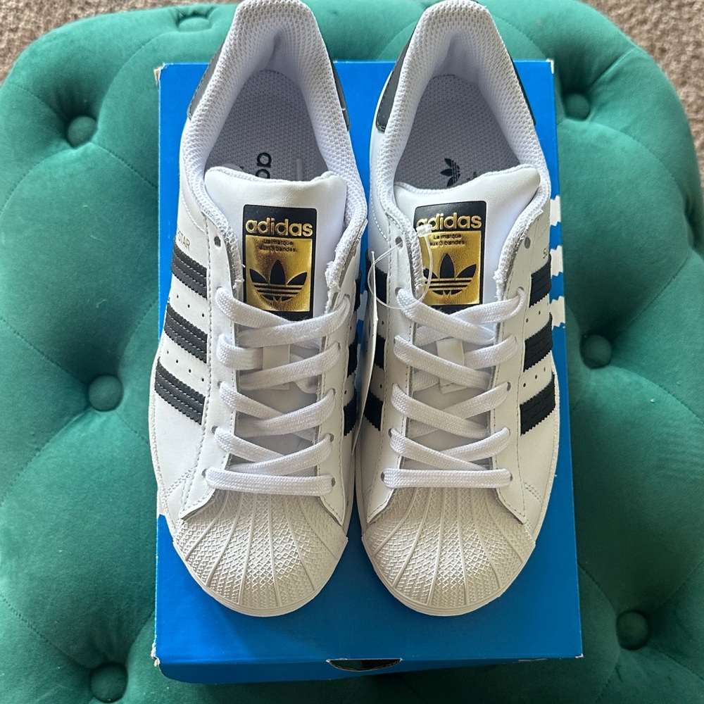 adidas Kids White Sneakers with Black Stripes & Gold Tongue Accent